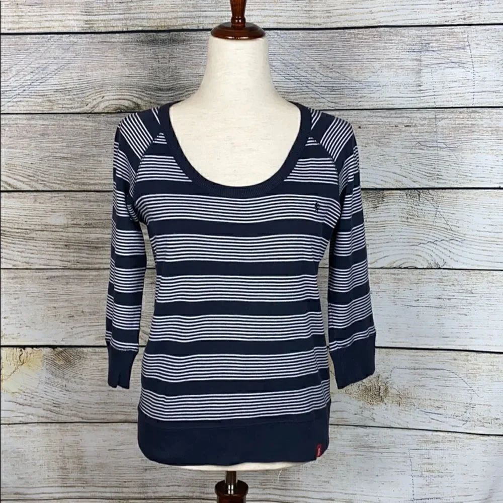 ESPRIT Blue White Striped Top Short Sweater Cotton 3/4 Sleeves Scoop neck L